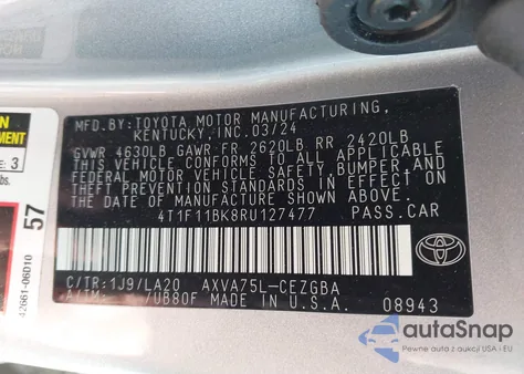 2024 Toyota Camry Xle z USA, uszkodzony, nr VIN 4T1F11BK8RU127477